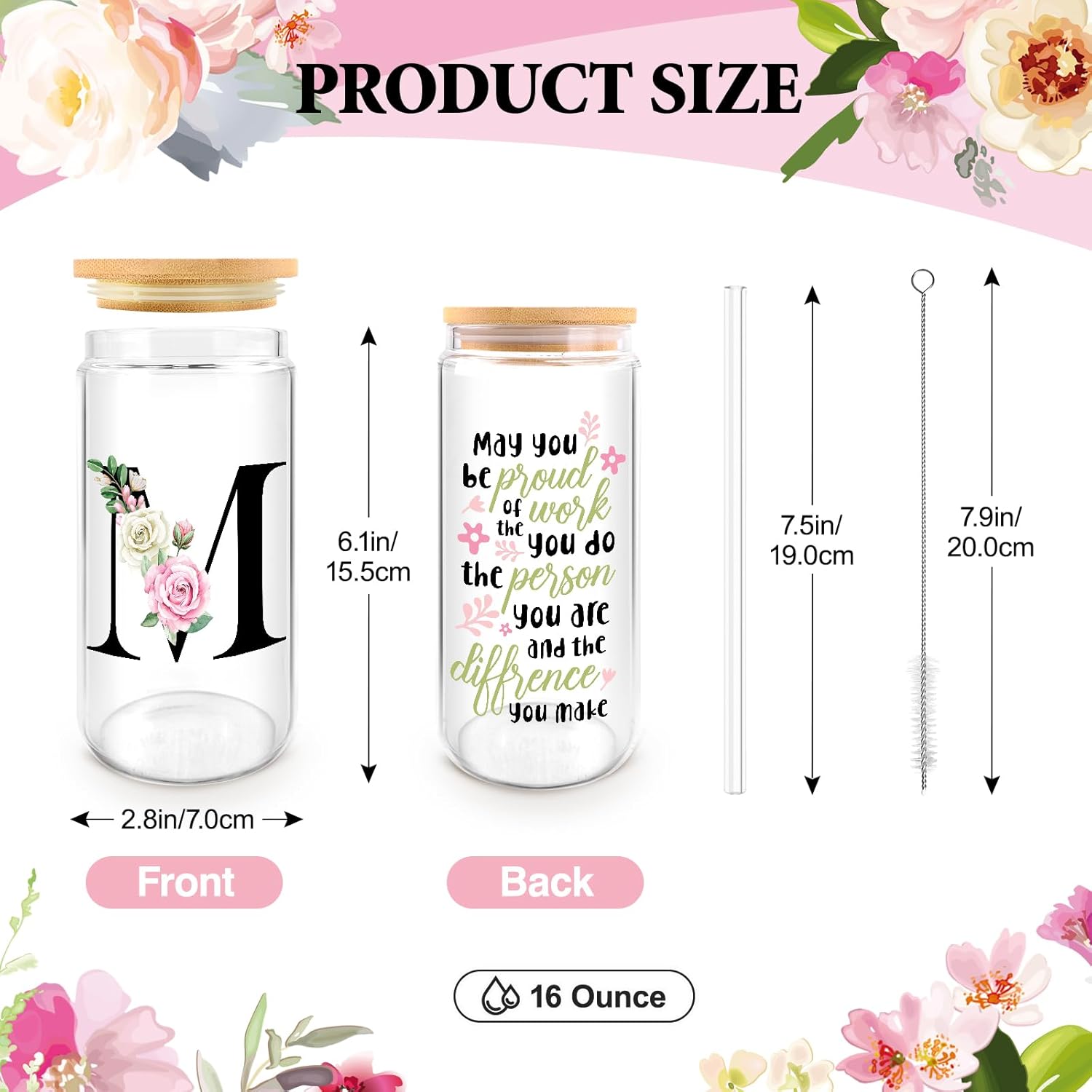 Initial Glass Cups with Lids and Straws, Personalized Gifts for Women, Iced Coffee Cup Glass Tumbler, Birthday Bridesmaid Proposal Inspirational Customized Gifts for Her Girls (M) - Image 3