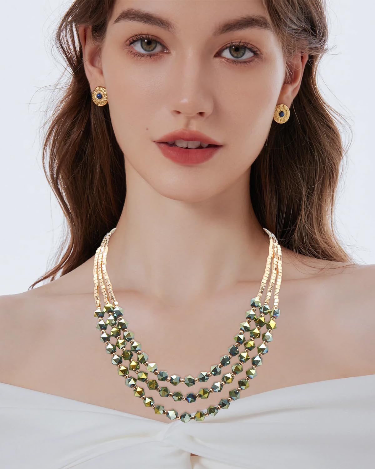 Bocar Necklace for Women, 3 Layer Beaded Necklace Crystal Beads Strand Fashion Jewelry, Party Gifts for Her - Image 2