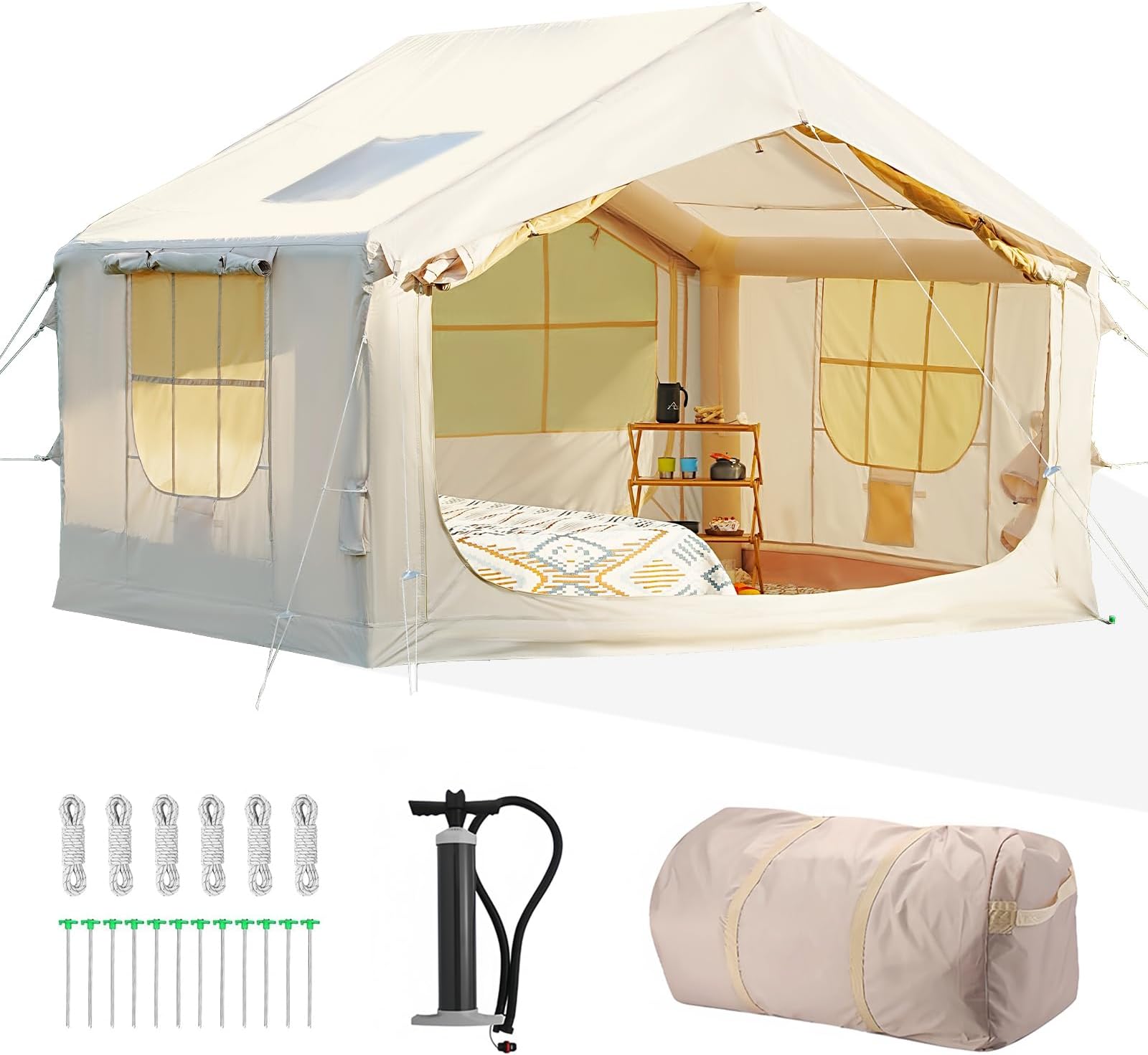 Glamcamp 4-6 Person Inflatable Tent - Quick Setup Air Tent with Stove Jack, 420D Oxford (PU2000), 15cm Air Beams, 2 Doors & Windows