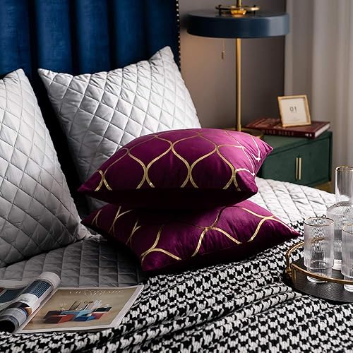 Miniatura 7 de Fundas de almohada decorativas de terciopelo dorado púrpura juego de 2 fundas de almohada cuadradas de 18 x 18 pulgadas para dormitorio, sofá,