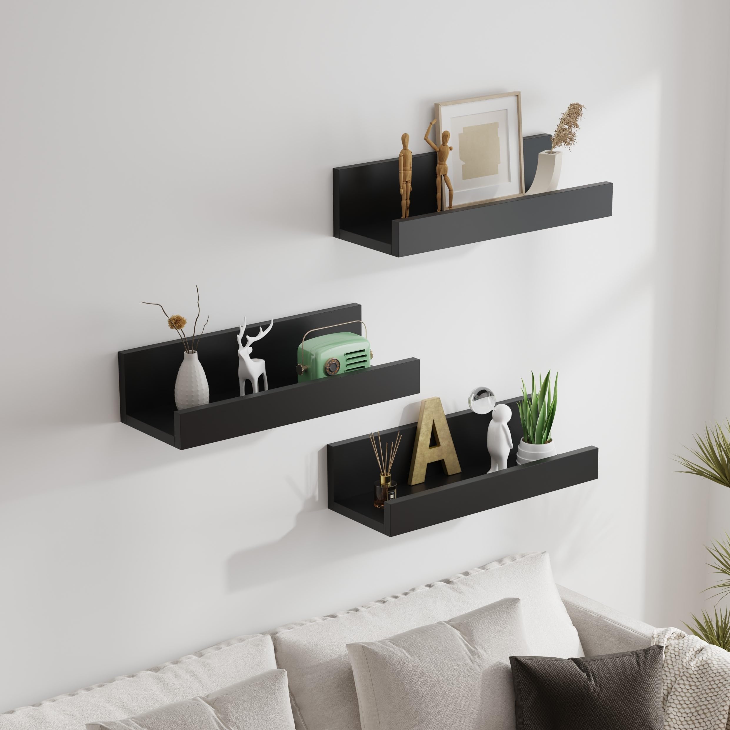 AVC Designs Floating Shelves, 40cm Shelves for wall, Wood Wall Shelves, Wooden Shelves for Bathroom, Bedroom, Office, Living Room, Kitchen, etc (3, Black)