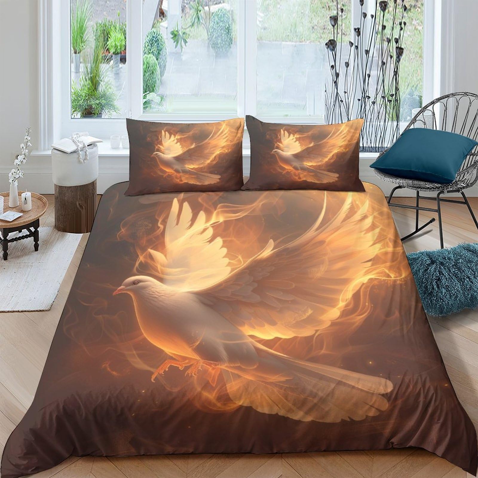Parure de couette pigeons 3D microfibre douce linge de lit King 220x240cm avec taies d'oreiller