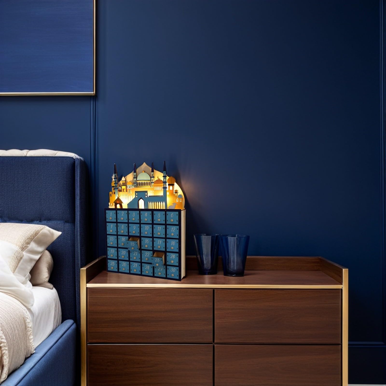 HOMSFOU Calendario de Adviento de Ramadán de Madera Azul con Luz LED y Cuenta Regresiva de 30 Días para Decoración de Festivales y Adornos de Mesa
