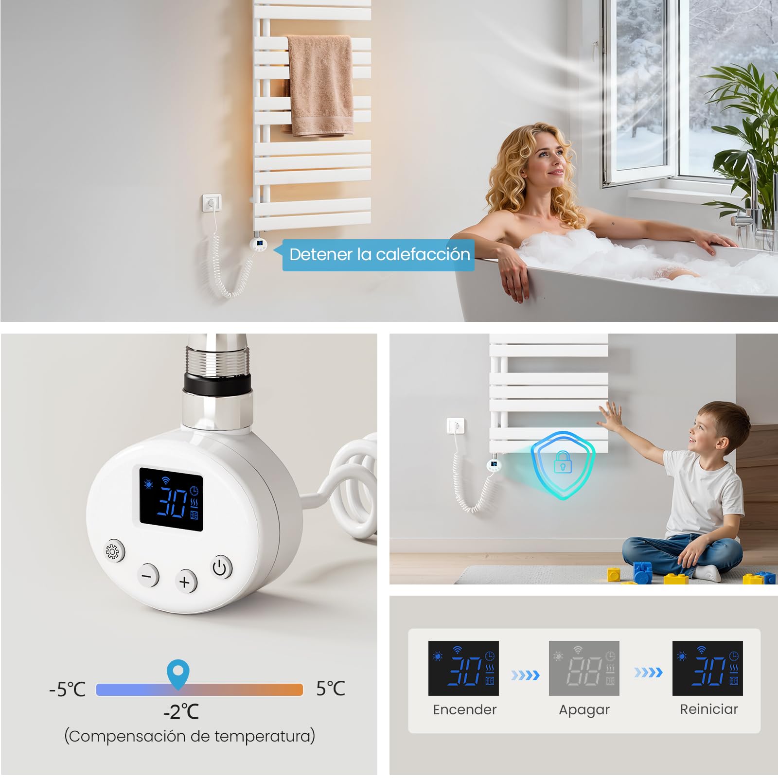 Heilmetz Toallero Eléctrico Baño 899x400mm 400W Blanco, Radiador Toallero con WiFi y Termostato Inteligente, Control por App, Elemento Calefactor con Función Temporizador