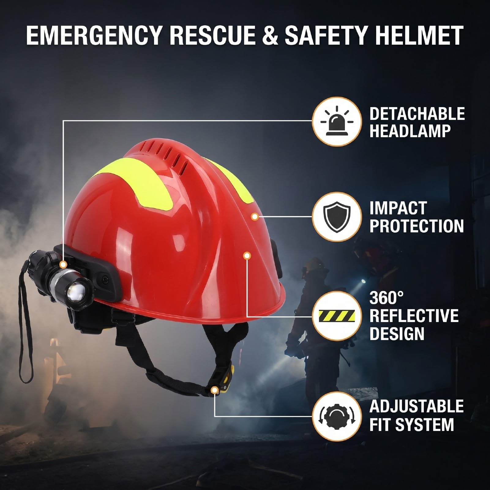 Luocute Casco de Seguridad de Rescate con Faro Desmontable, para Sitio de Construcción, Casco de Emergencia para Bomberos, Resistencia Al Impacto y Al Fuego, Tiras Reflectantes