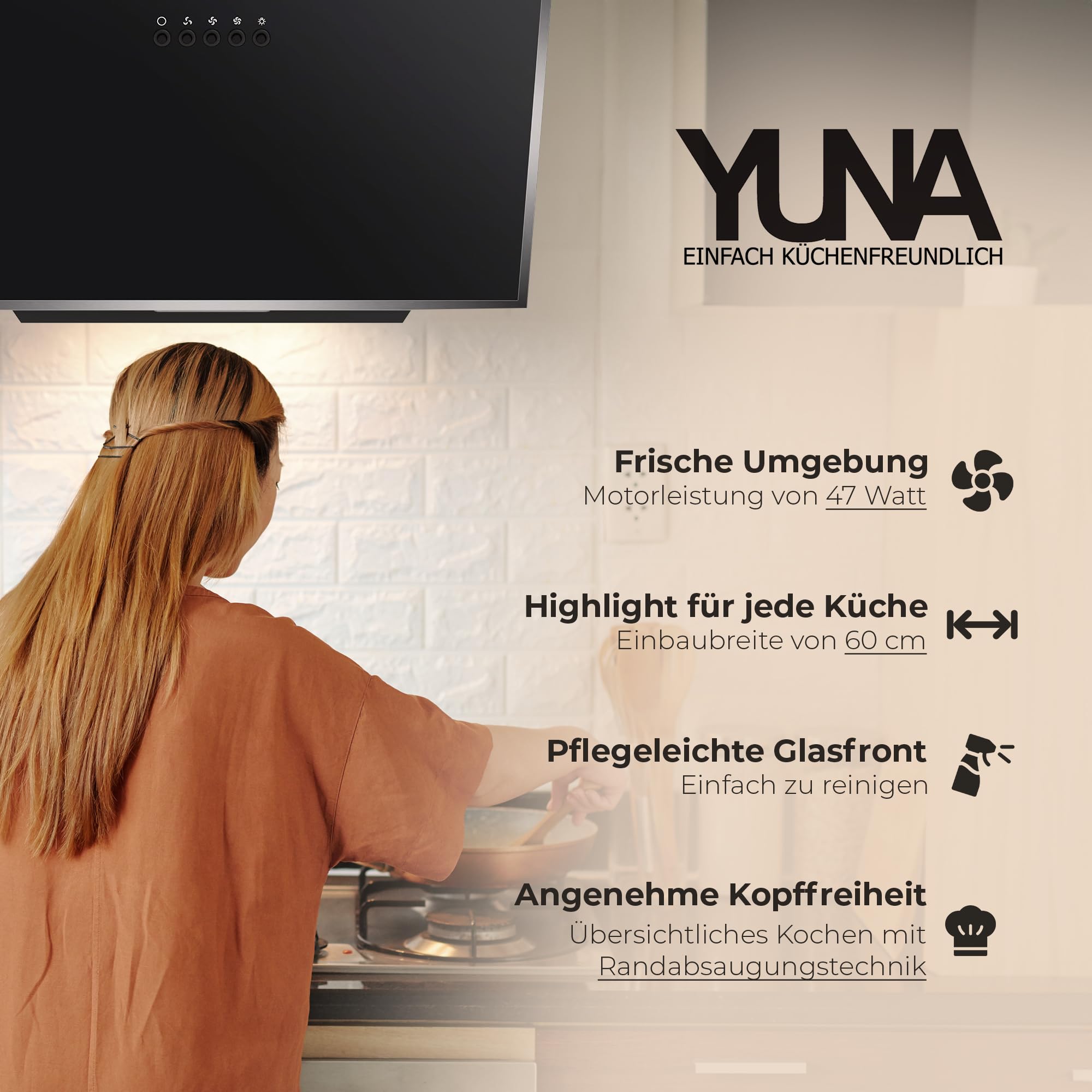 YUNA Dunstabzugshaube DUSICA 60 cm Schwarz Glasfront 3 Leistungsstufen 47W Motorleistung Energieeffizienz A Abluft Umluft Kopffrei LED Beleuchtung Ohne Kohlefilter Wandhaube