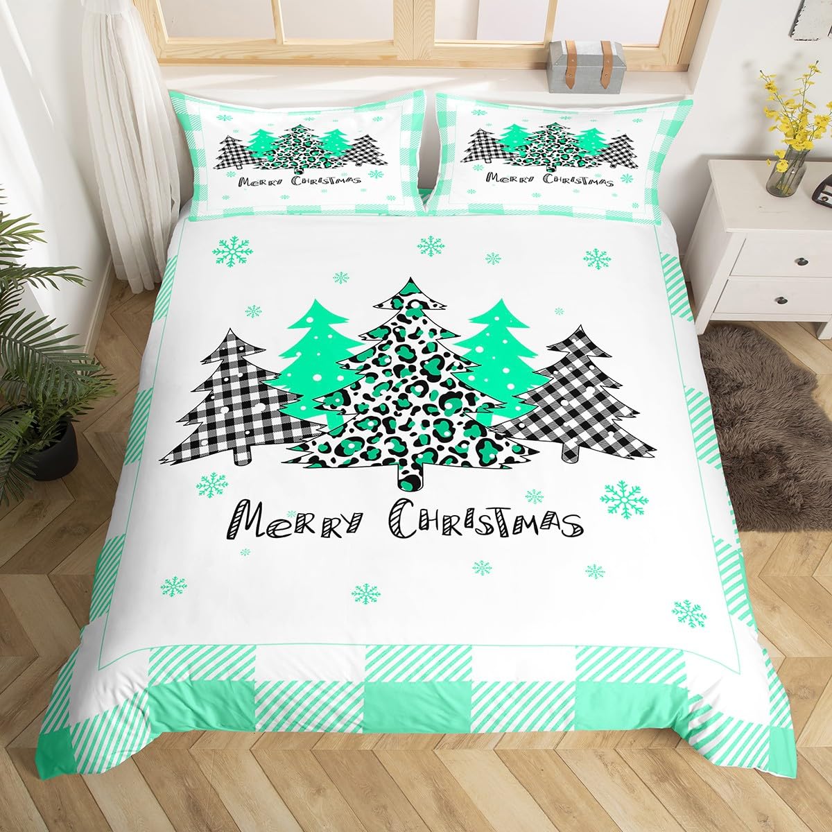 Xmas Trees Duvet Cover Set King Size, Mint Plaid Grid Snowflake Comforter Cover with 2 Pillowcases, Christmas Theme Bedding Set 3pcs for Kids Girls Adults Room Decor New Year Bedspread Cover