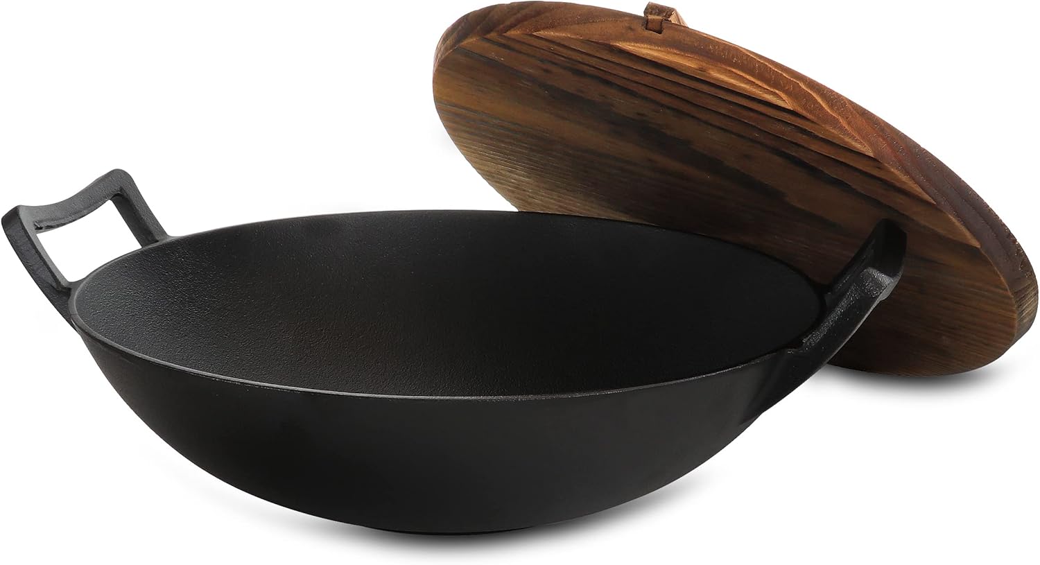 MegaChef 2 Piece 14 Inch Heavy Duty Cast Iron Wok with Wood Lid - Thumbnail 2