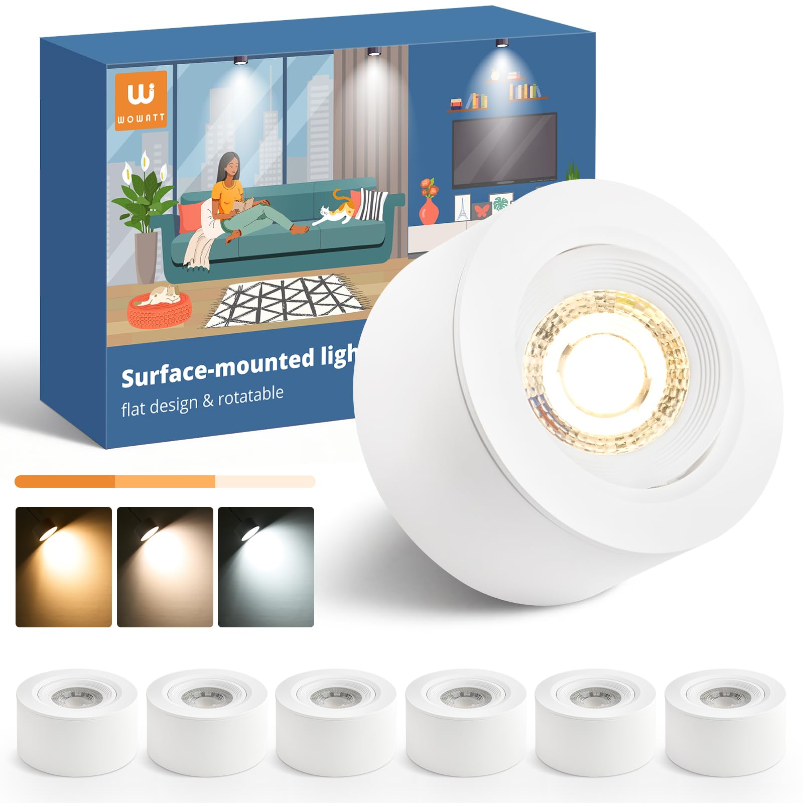wowatt Set of 6 White Overhead Spotlights, Dimmable LED Spotlights