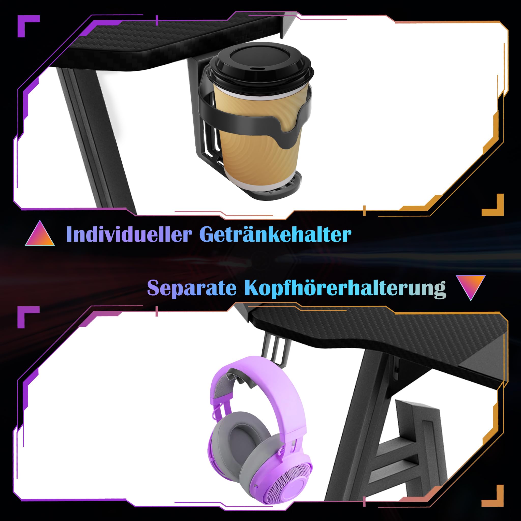 NAIZY Table de jeu 140 cm avec support pour casque et porte-gobelet, bureau en fibre de carbone pour gamer, bureau d'ordinateur ergonomique avec trou pour câble et LED