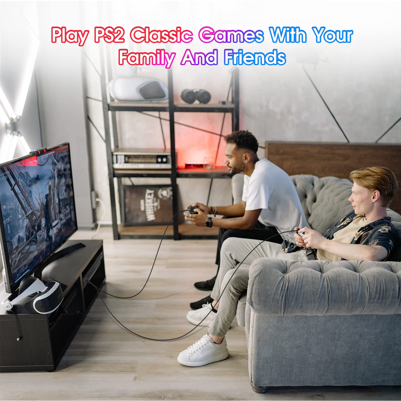 FIOTOK Controlador con cable compatible con consola PS2 con joystick mejorado/doble choque/con cable de 2.2 m PS2 mando a distancia | mejorado (negro)
