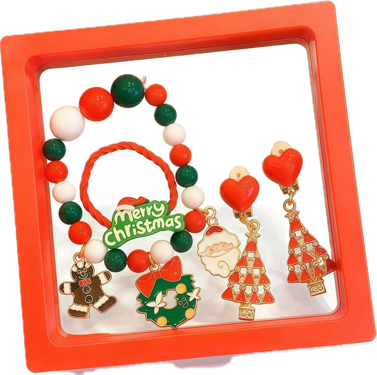 Christmas Bracelet Set for Women & Teens - Adjustable Stylish Bracelet, 2 Hair Ties, Clip-On Earrings (No Piercings Needed) & Jewelry Gift Box – Perfect Holiday Present