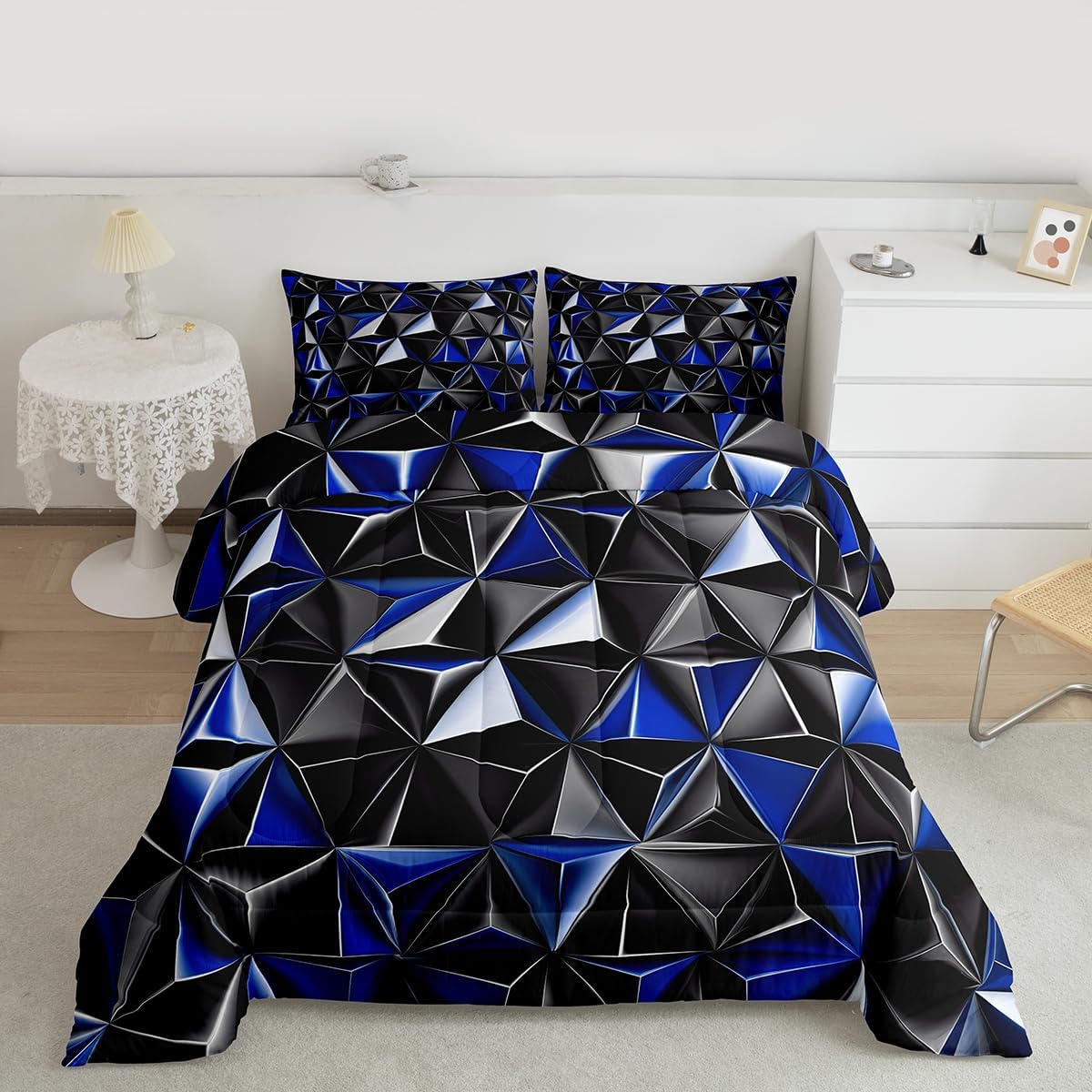Feelyou Geometric 3D Bedding Set Soft for Boys Girls, Modern Art Comforter Set Full Size Blue Abstract Geometric Duvet Quilt Microfiber Bedroom Decor 3 Pcs with 2 Pillow Cases