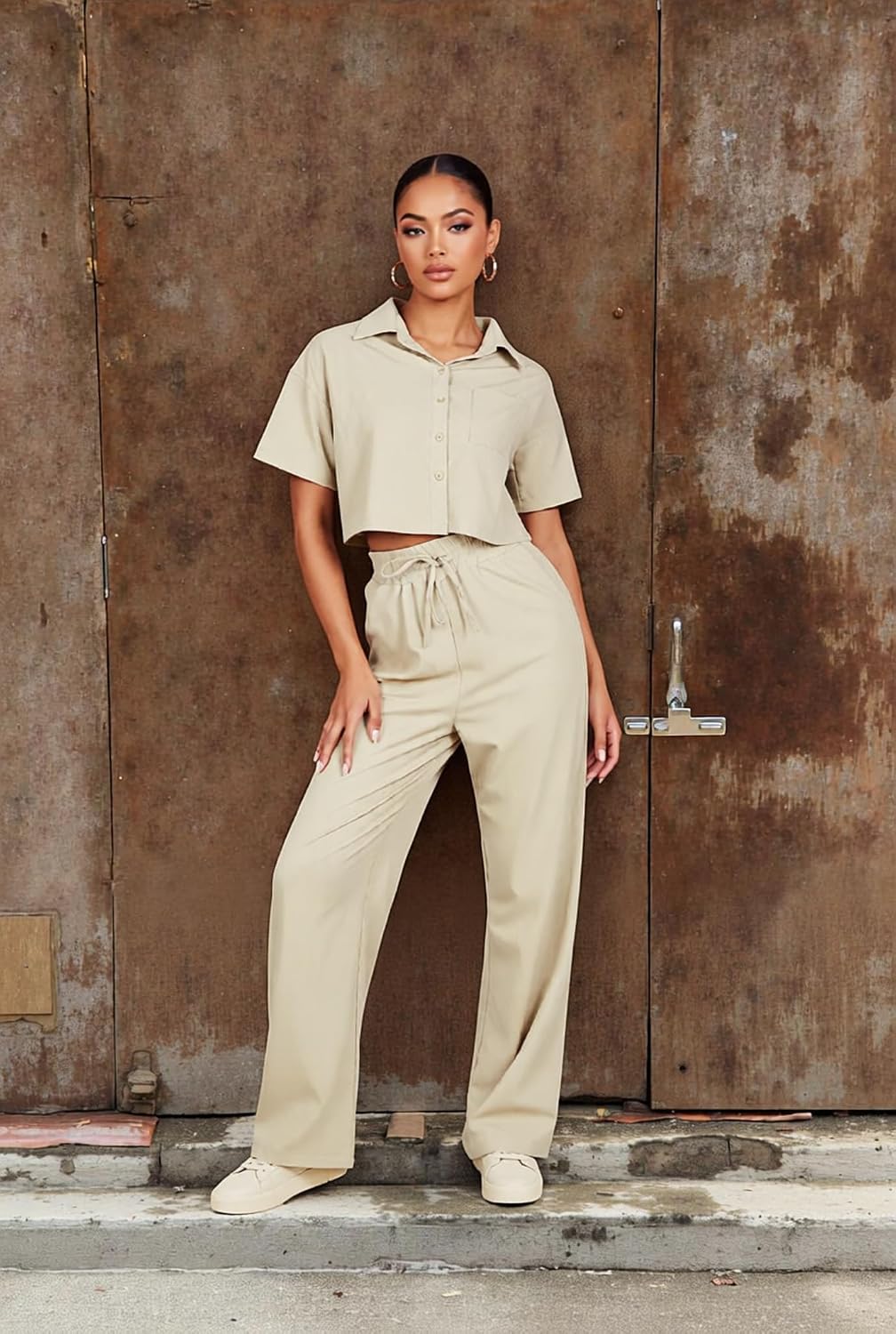 Women's 2 Piece Linen Crop Shirt Tracksuit Short Sleeve Button Down Crop Top & High Waist Wide Leg Pants Set