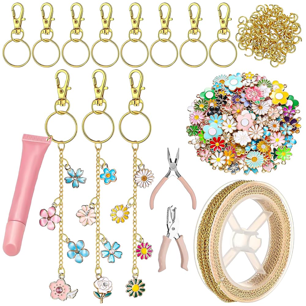 Aurisse Floral 213-Piece Lip Gloss Keychain Making Kit With 100 Pink Enamel Charms And 32.8Ft Gold Chains For Diy Crafts And Accessories (Floral)