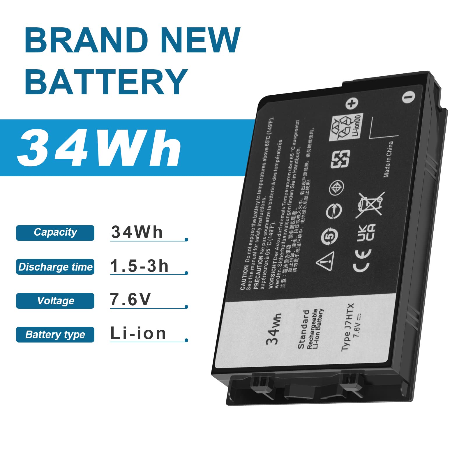ARyee J7HTX Batería Compatible con DELL Latitude 7202 7212 Rugged Extreme Tablet Series, Repuesto para J7HTX 02JT7D 7XNTR FH8RW(7.6V 34Wh)