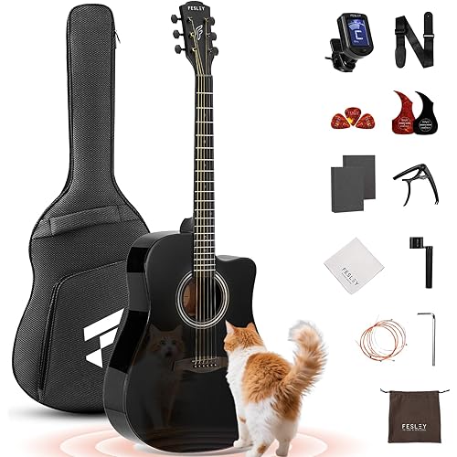 Acoustic Guitar Kit, 41 Inch Full Size 6 String Cutaway Guitarra Acústica for Beginner Adults with Tuner, Gig Bag, Strap, Steel Strings, Capo, Pickguard, Picks, FD60C, Black