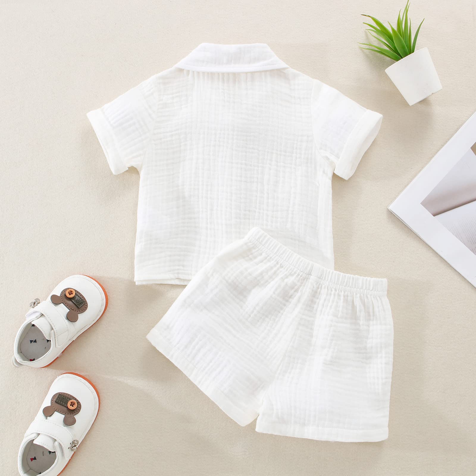 Conjunto de ropa para bebés y niños pequeños, camisa abotonada + pantalones cortos de gasa de algodón, traje de verano, 2 piezas con bolsillos
