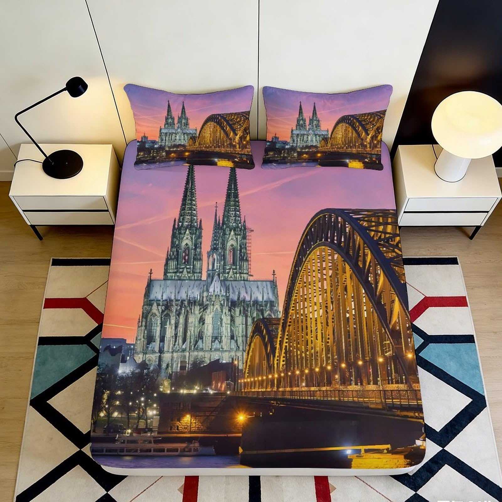 3D Printed Cologne Cathedral Fitted Sheet Microfiber Soft Sunset Bridge Mattress Cover for Bedroom Dorm Mattress Protection Decor 90x200x25cm