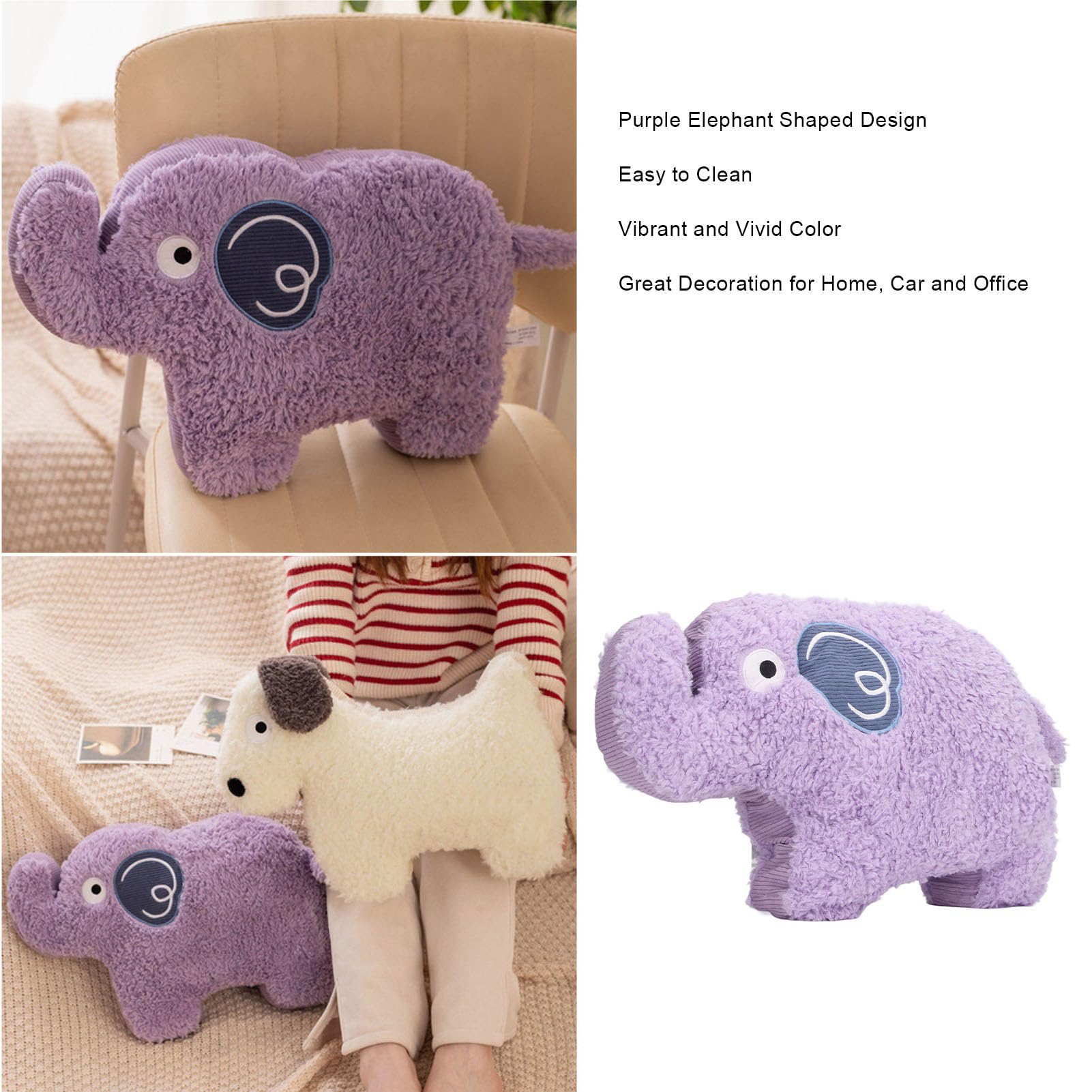 Srliya Elephant Plush Toy Elephant Pillow Cartoon Purple 17.7in Soft Skin Friendly Multi Purpose Elephant Plush Toy for Family Office Bedroom - Image 3