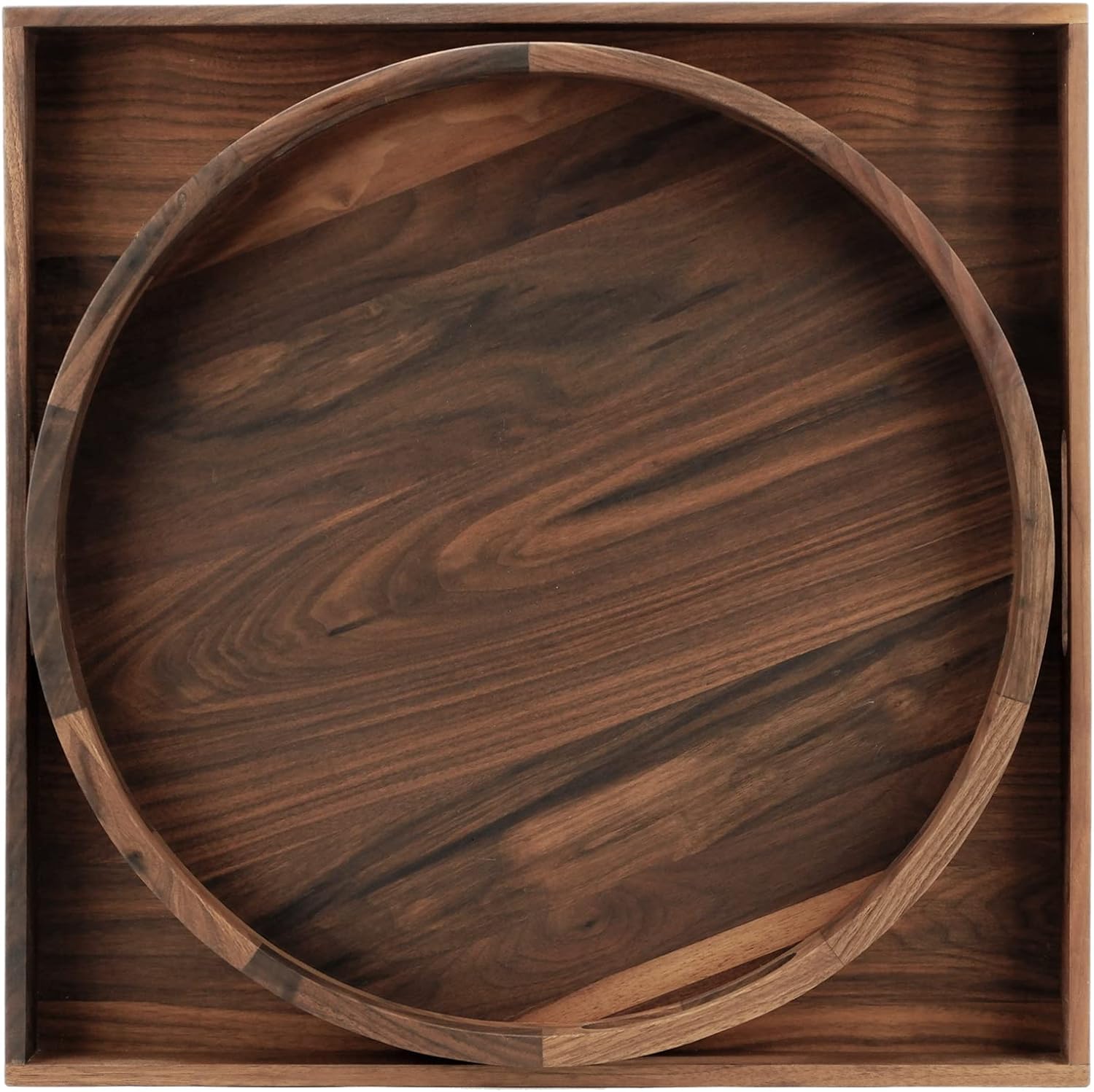 Set of 2 Large Black Walnut Wood Ottoman Tray with Handles, Serve Tea, Coffee, Classic Wooden Decorative Serving Tray (19 inch Square &18 inch Round) - Image 3