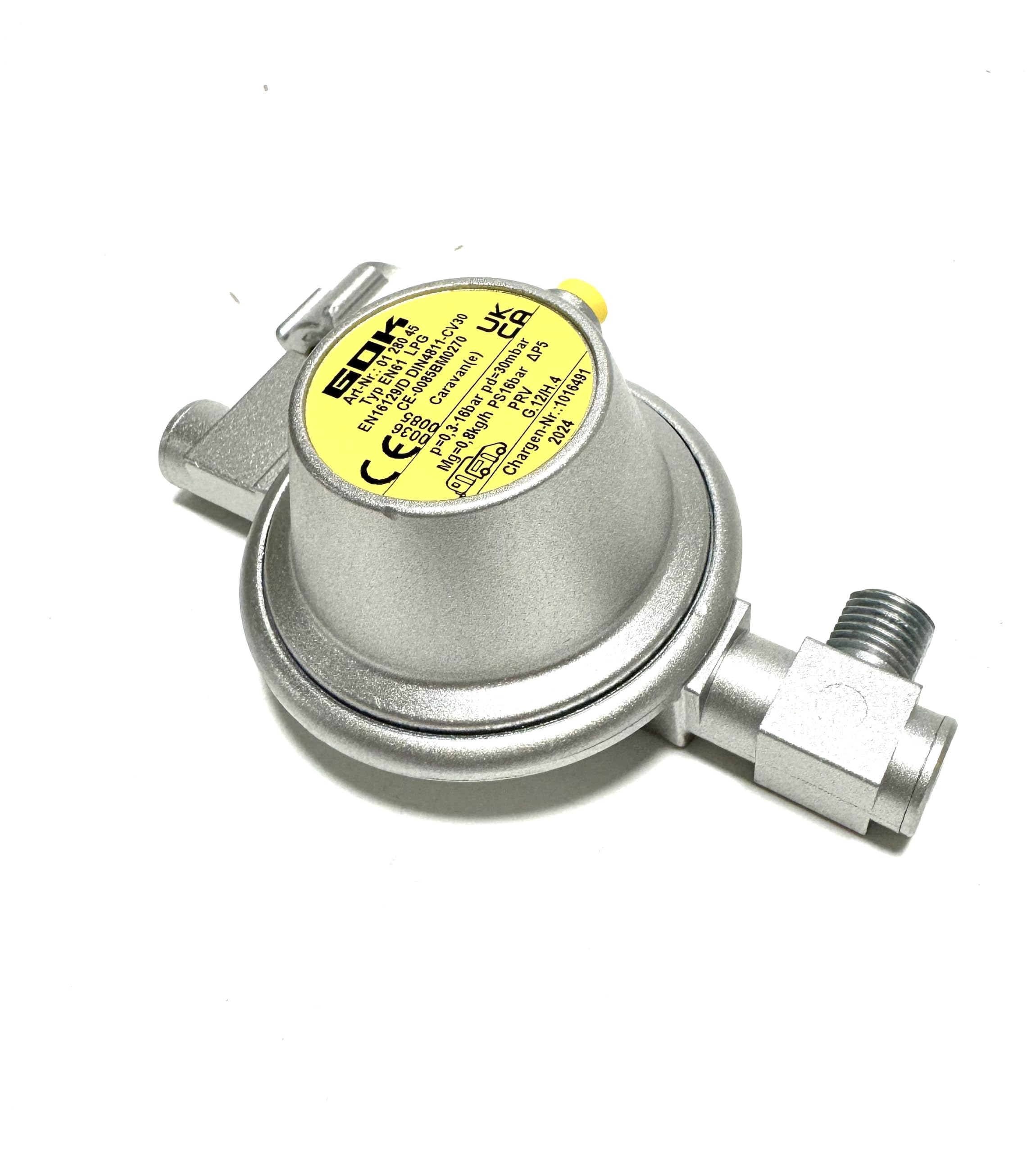 GOK Druckminderer Gasflasche 30 mbar, Gasdruckregler EN61-DS mit 90°-Abgang, KLF x G 1/4 LH-KN, 0,8 kg/h, PS 16 bar, U-Form ohne Manometer, CE EN 16129, DGUV 79 konform