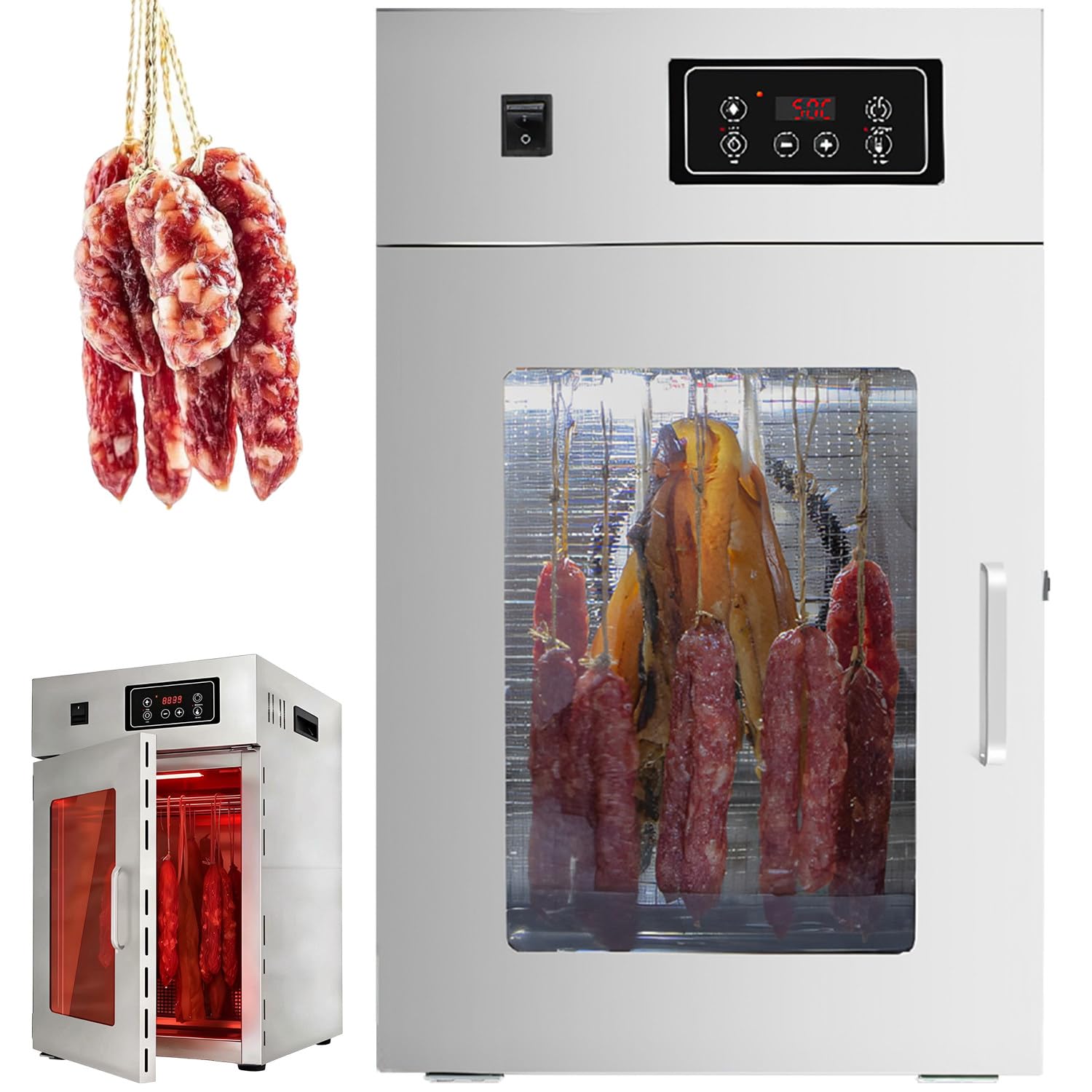 800-W-Fleischtrockner, 360°-Fleischreifeschrank, Temperaturregelung Von 0–90 °c, Mit LED-Bedienfeld Und 14 Haken, 7,5 Kg Fassungsvermögen, 24-Stunden-Timer, Für Trockenfleisch, Speck, Würstchen