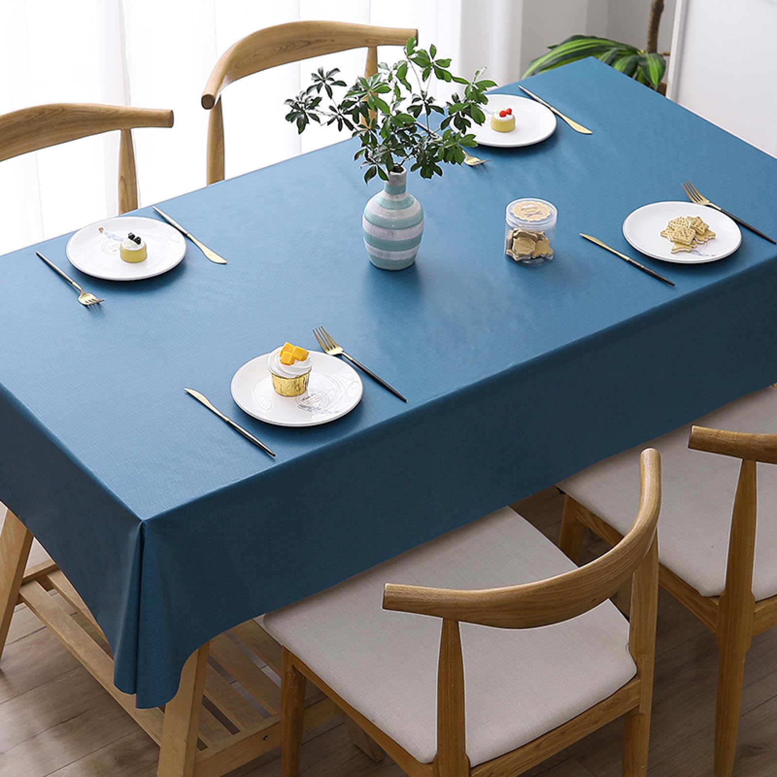 Mantel de Mesa Rectangular Impermeable PVC de Color Sólido Anti Escaldado Lavables Antimanchas para Decoración de La Mesa de Comedor Azul 140 × 140cm