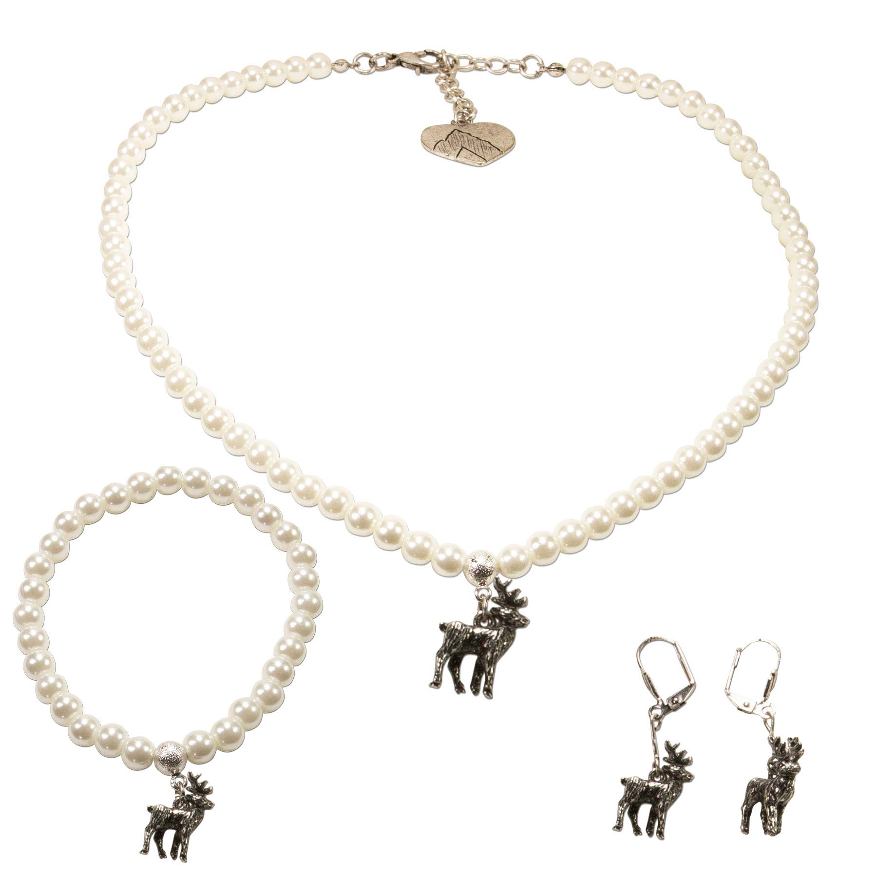 Alpenflüstern Trachtenschmuck-Set Perlen-Trachtenkette, Trachten-Armband und Trachten-Ohrhänger Hirsch - Damen-Trachten-Schmuck, Trachtenset Kette, Armkette und Ohrringe Creme-weiß SET039
