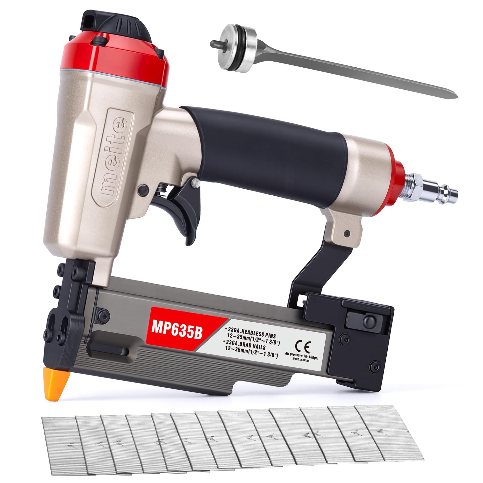 meite MP635B Druckluft Stiftnagler mit 10000 Stück 23 Ga 25 mm Kopflose Stifte, Kompakte für 12–35 mm Länge, Druckluft-Nagelpistole Kompakte für Zierleisten, Bilderrahmen und Feine Holzarbeiten