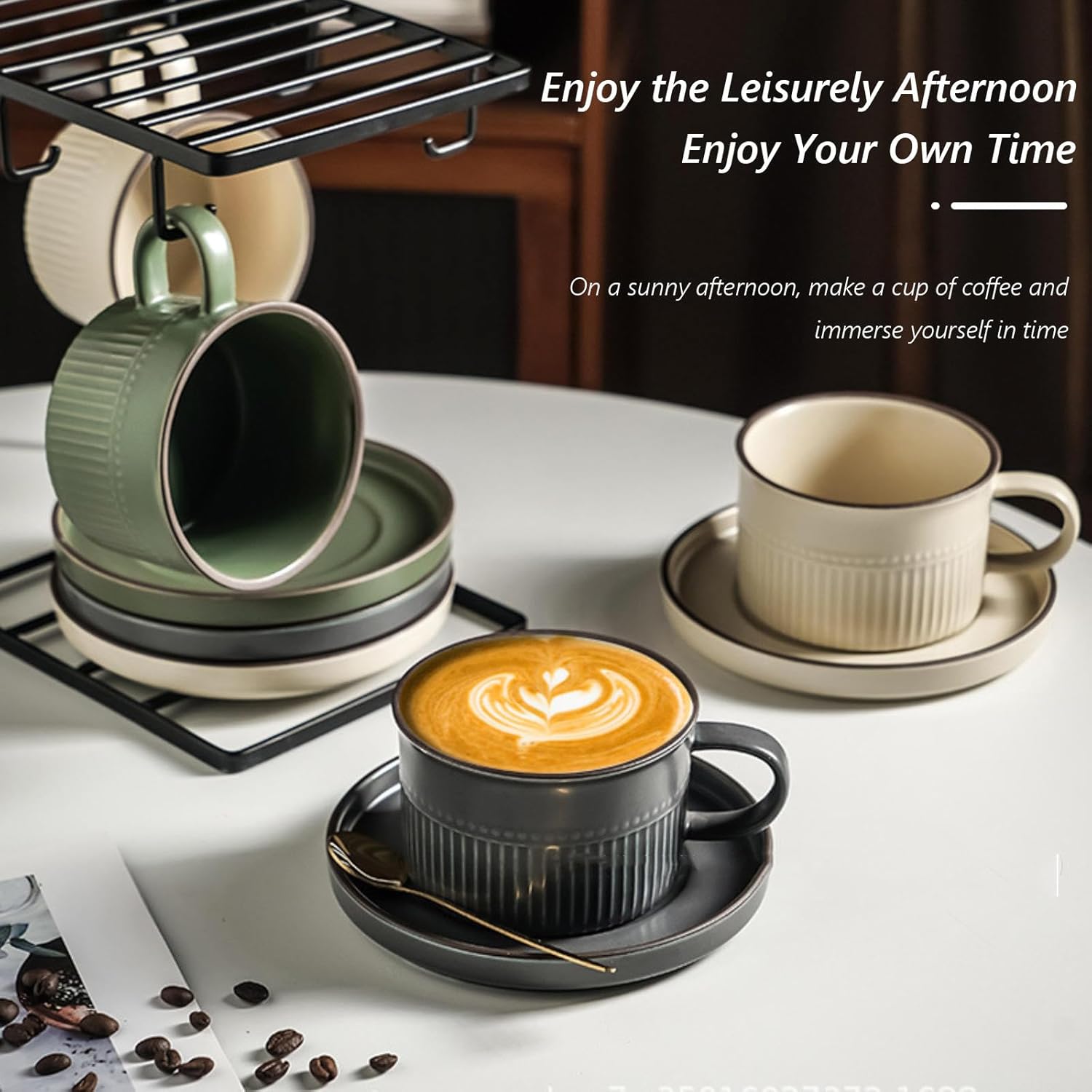 Cup and Saucer Set,Coffee Cup and Saucer Set,Ceramic Espresso Cups with Saucer,10.15Oz/300Ml Large Capacity Coffee Cup,Matte Advanced Cup & Saucer Sets,for Coffee Shop,Office,Afternoon Tea