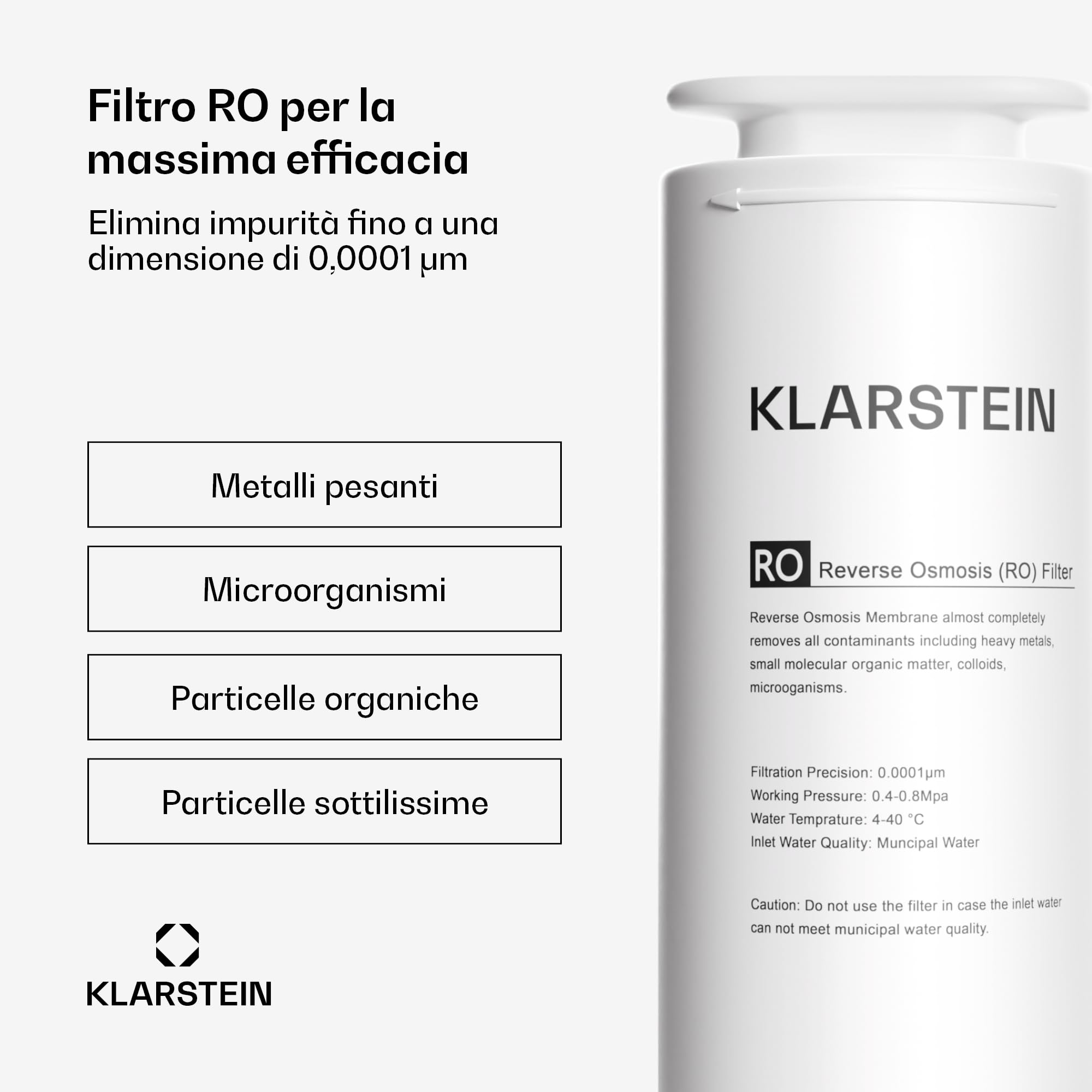 Klarstein Ricambio Depuratore Acqua Domestico 24 Mesi, Filtro Acqua Rubinetto Depuratore per Sistema di Filtraggio ad Osmosi Inversa, Compatibile con Pure Line 600 GPD, Migliora il Gusto,1 Confezione