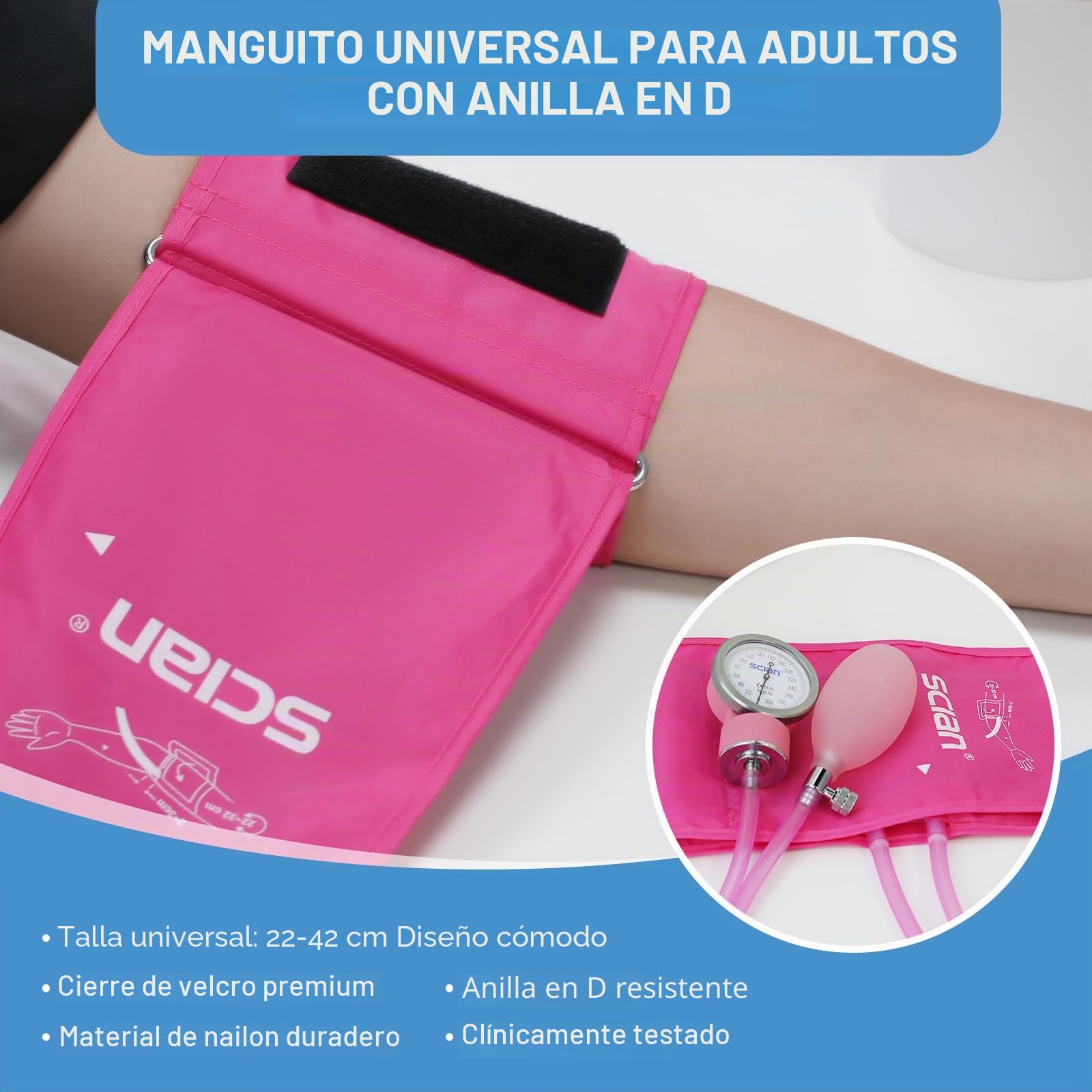 Tensiómetro manual SCIAN - esfigmomanómetro aneroide con manguito europeo (22-42 cm) y anillo en D, incluye estuche de transporte para enfermeras, médicos, personas mayores, adultos （rosa）