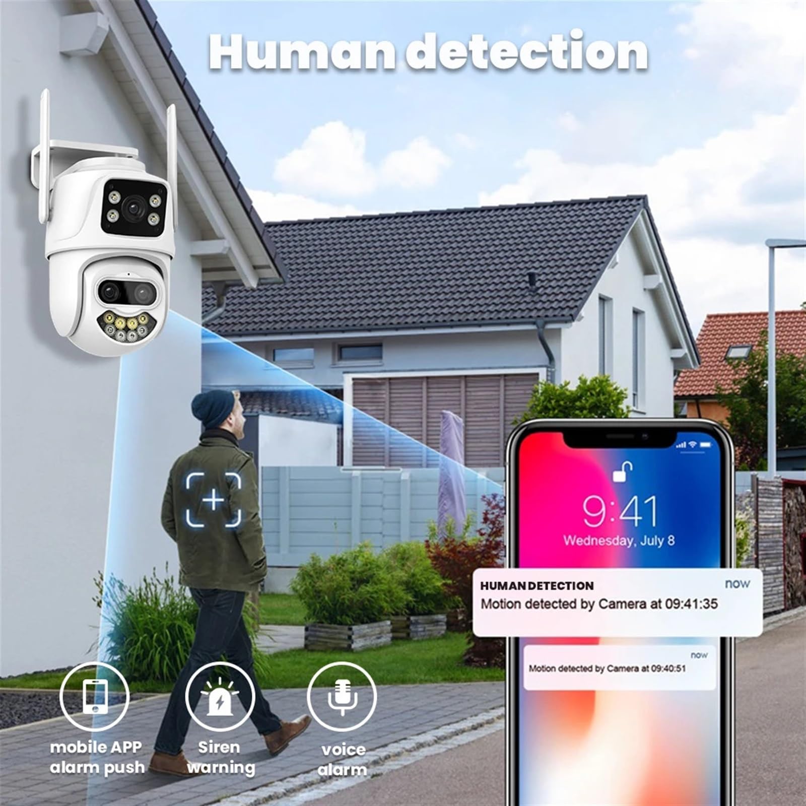 Telecamera di Sicurezza Esterna Telecamera 9MP for Esterni Zoom 8X Tre Lenti Doppio Schermo Audio Sicurezza Domestica PTZ Monitoraggio Automatico Video sorveglianza CCTV(3 Lens Cam ADD 128G)
