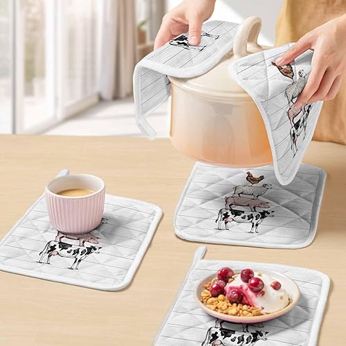 Miniatura 5 de Juego de 4 soportes para ollas, de vaca, cerdo, oveja, pollo, animales de granja, para cocina, almohadillas calientes a prueba de calor, tablero