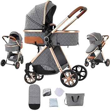 2 in 1 Baby Stroller, Convertible Reversible Infant Stroller, Newborn Travel Pram with One-Click Folding, Toddler Standard Carriage 225 Grey