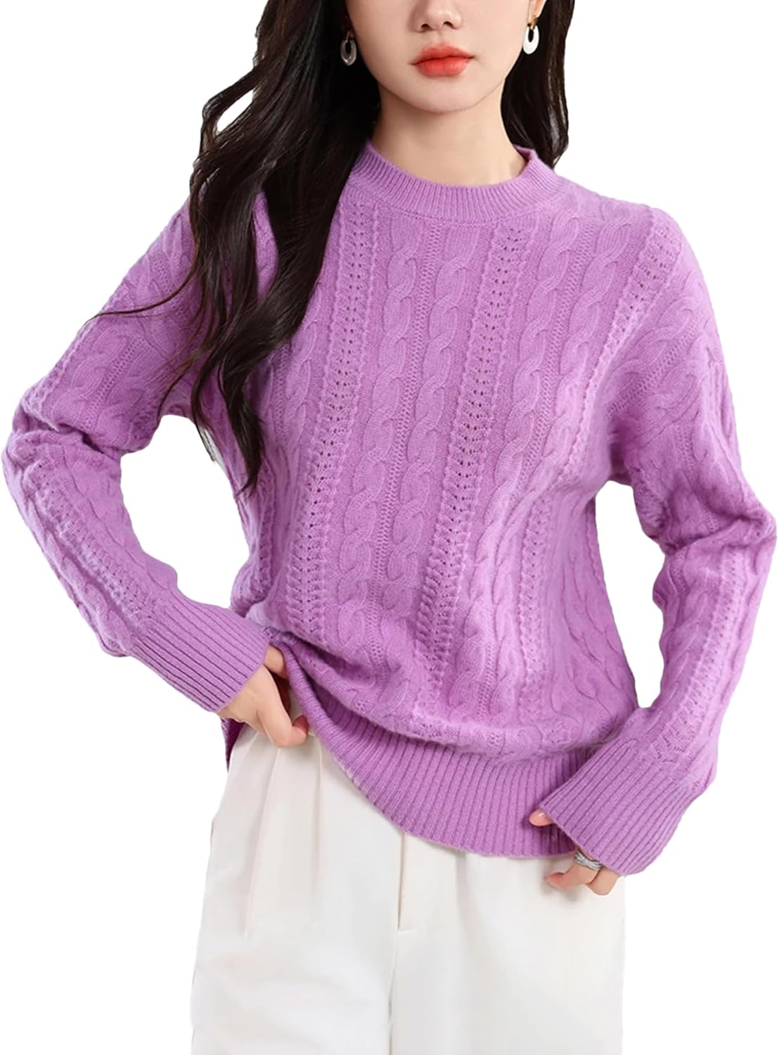 Women's Cashmere Sweater Long Sleeve Fall Winter Wool O-Neck Pullover Loose Knit Top