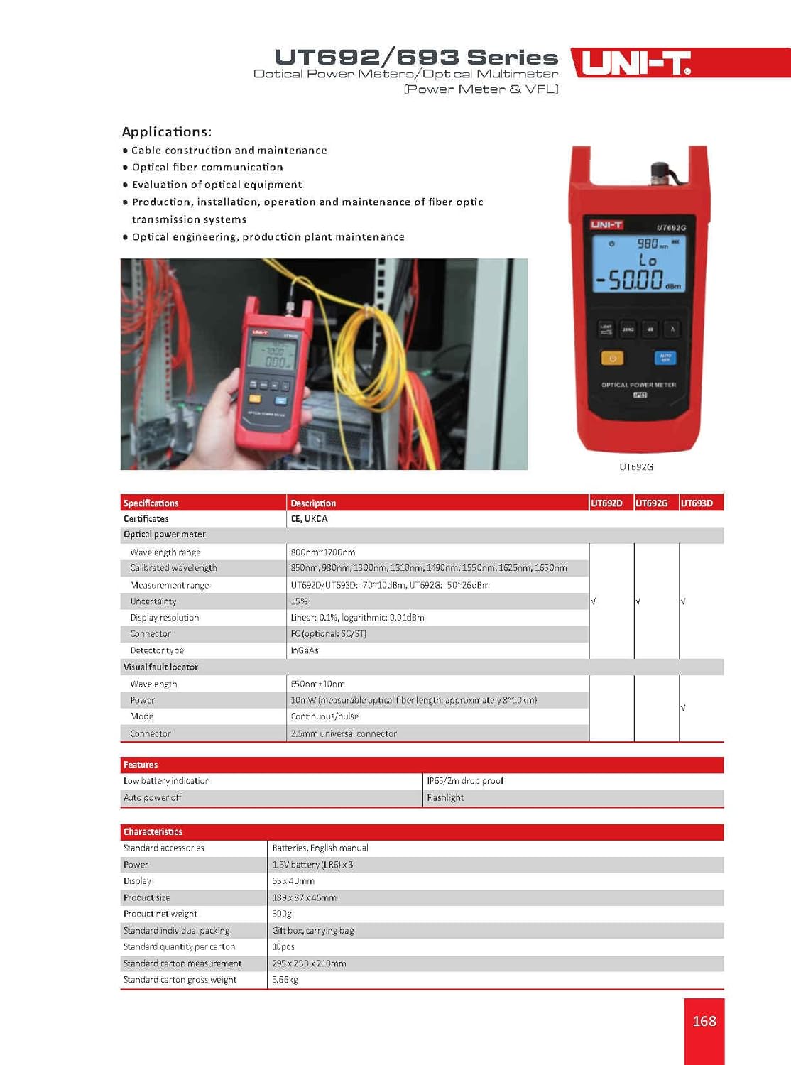 UNI-T UT692D Fiber Optic Tool Optical Power Meter Visual Fault Locator -70-10dBm -50-26dBm 10mW FC/SC/ST Connector