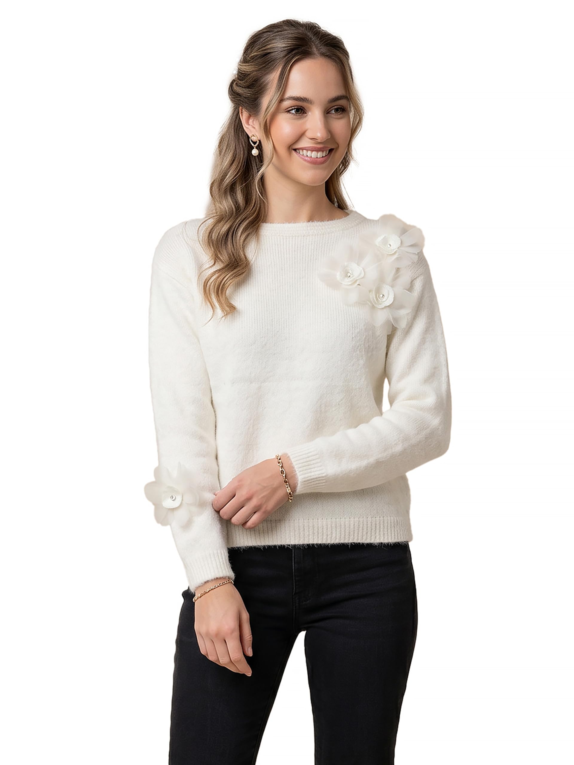 gfo Women Round Neck Floral Applique Full Sleeve Knitted Pullover-picture-20