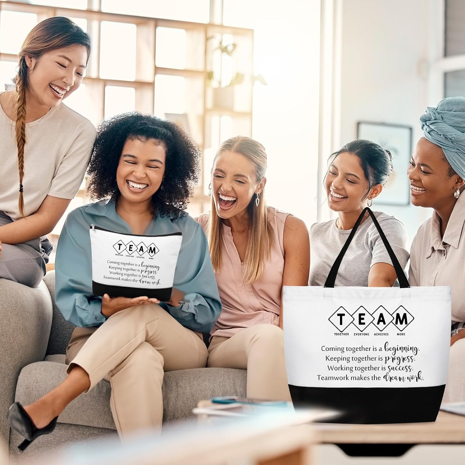 Cunno 4 Pcs Team Appreciation Tote Bag Women Employee Gift Team Together Canvas Makeup Bags for Worker Staff Coworker Nurse Teacher - Image 3