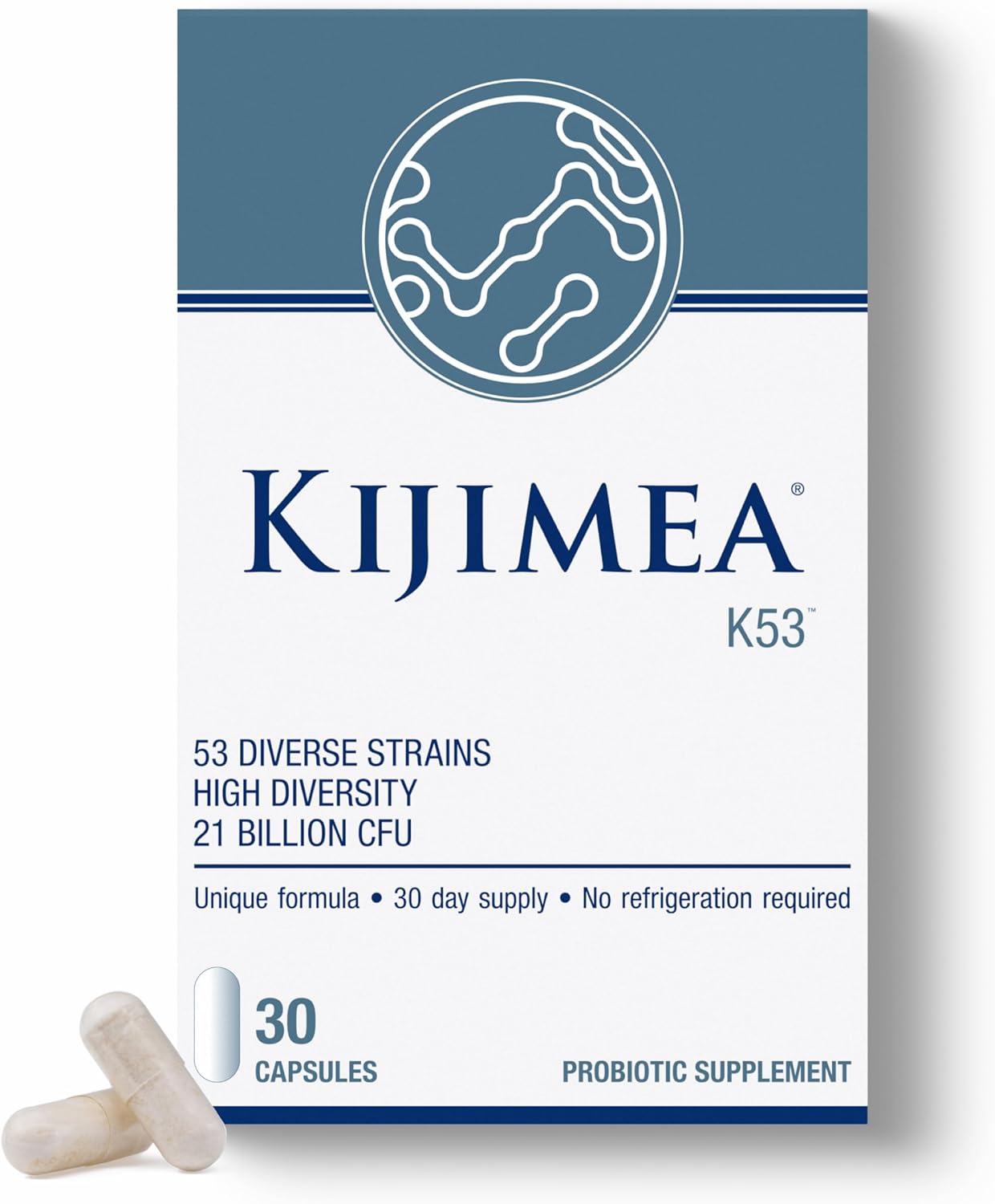 Kijimea K53, 53 synergistic probiotic strains, High Diversity, Zinc & Vitamin B6. Supports a Healthy Gut microbiome and intestinal Regularity, for Women & Men, No Refrigeration, 30 Capsules