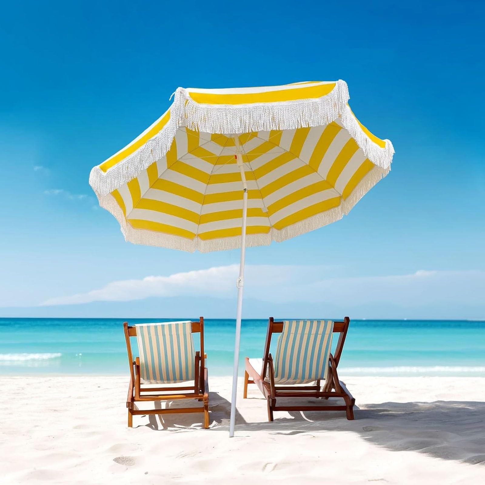 180 cm - Ombrellone da Campeggio Patio Esterno - Strisce Bianche e Gialle, Ombrellone da Spiaggia Vacanze inclinabile, UV 50+, Impermeabile, Antivento, per Giardino Piscina Cortile