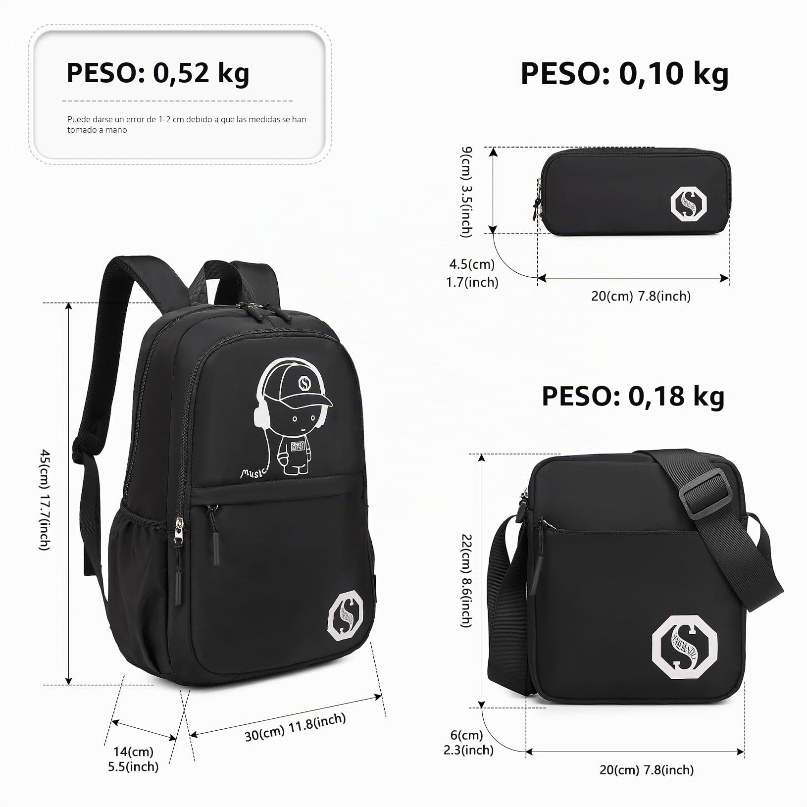 Kono Juego de Mochila Escolar Luminosa 3 en 1, Mochila Escolar de Anime para niños, Bolsa Cruzada para lápices, Mochila para Laptop de 15.6 Pulgadas para Estudiantes, Adolescentes y niñas
