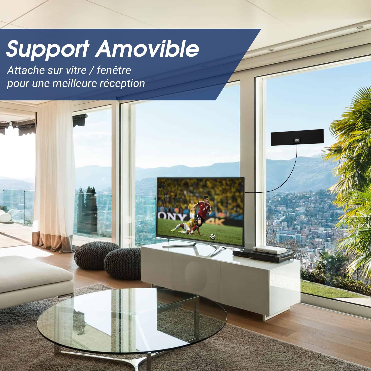 August DTA420 - Antenne TV Intérieur Puissante TNT HD – Haut Gain Extra Plate Discrète Attache Fenêtre Vitre Mural Autocollante Universelle Télévision Numérique - Noir