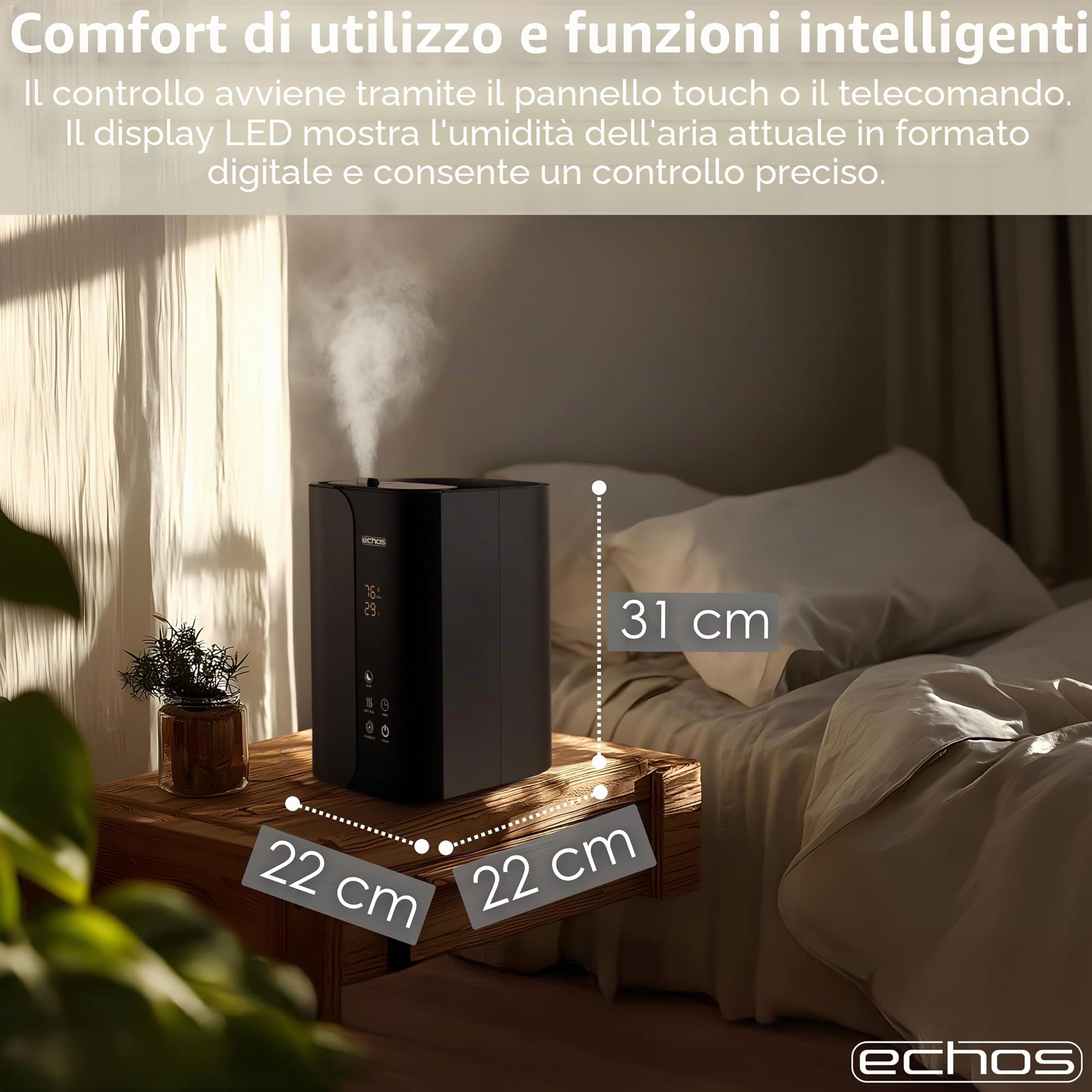 Steinborg - Umidificatore ad ultrasuoni, 5 litri, con nebulizzatore ad ultrasuoni, con telecomando, purificatore d'aria, igrometro, touch screen LED, ultra silenzioso, potente, 350 ml/h, scomparto di