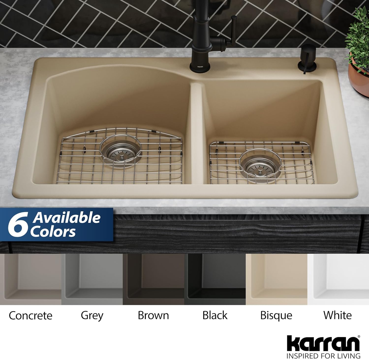 Karran 33" Drop-In/Top Mount Quartz Composite 1-Hole 60/40 Double Bowl Kitchen Sink Kit in Bisque