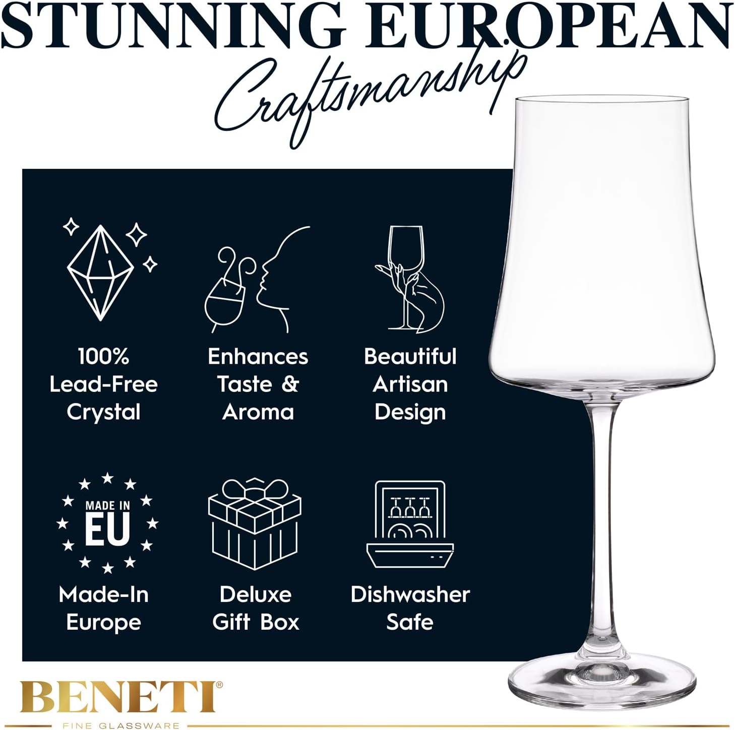 BENETI Exquisite Wine Glasses Set of 2 | Handmade In Europe | 15oz Premium Crystal Red & White Long Stem Wine Glass Set with Unique Modern Shape, Excellent Gift for Men or Women, Holidays & Birthdays