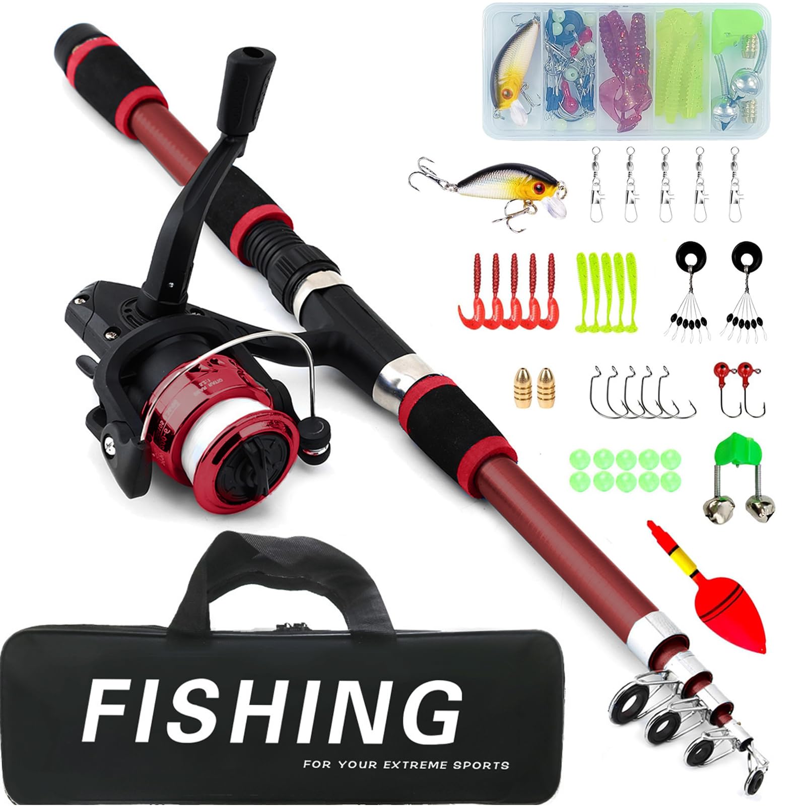 Juego de pesca para niños, 1,8 m, caña de pescar para niños, con carrete y juego de cebo, caña de pescar telescópica de fibra de carbono y carrete, accesorios para niños de 3 a 10 años