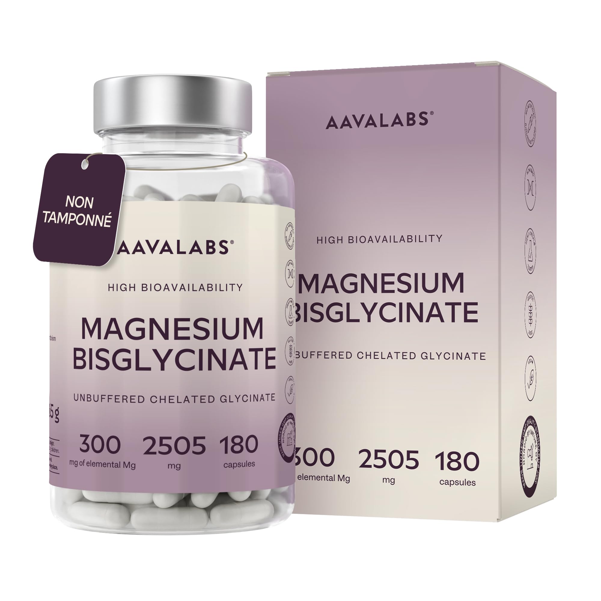 Magnesium Bisglycinate 2505mg | Magnesium Glycinate Chelaté Hautement Biodisponible 300mg Élémentaire - Bisglycinate de Magnésium Non Tamponé, Vegan - Fatigue, Sommeil, Muscles - 180 Gélules