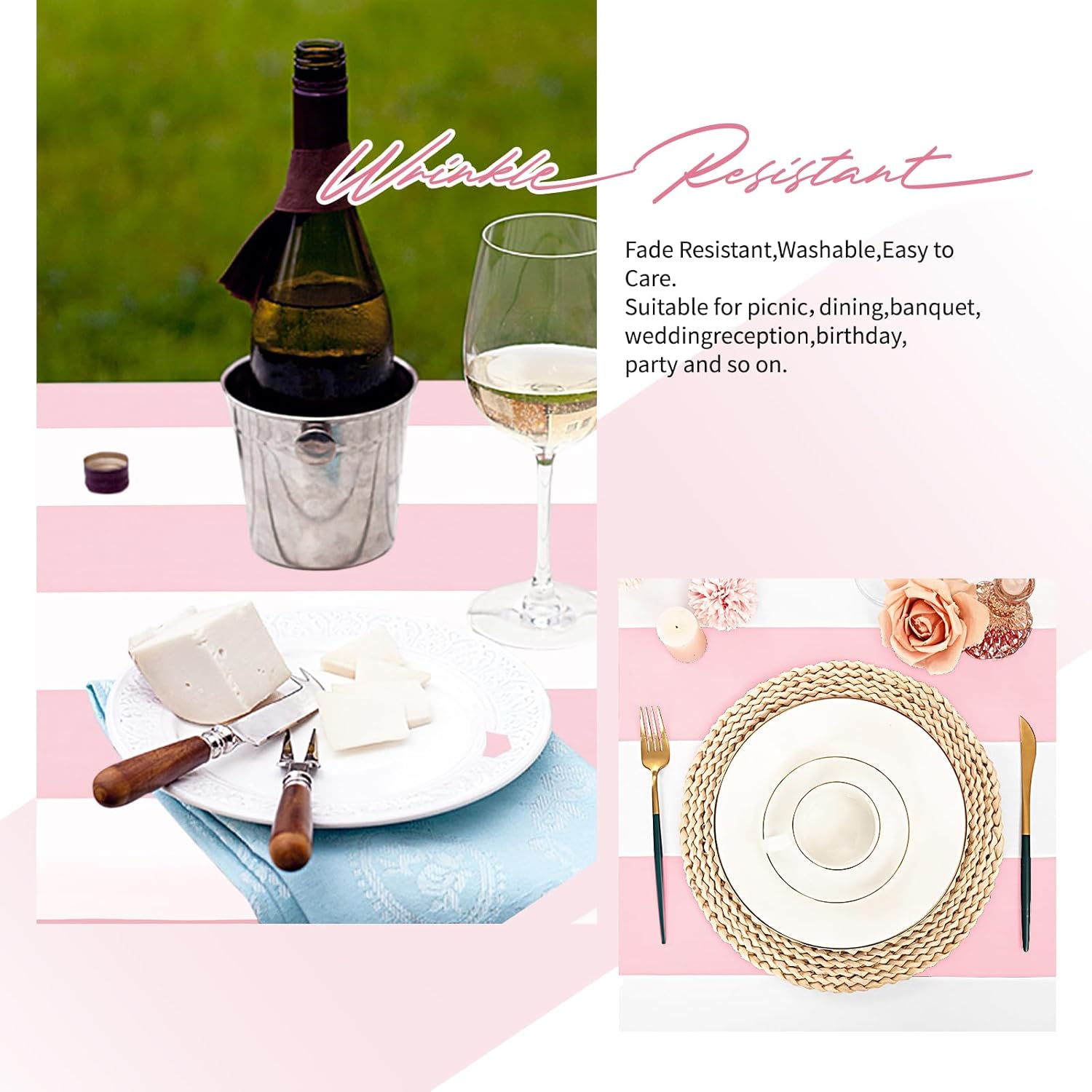 6 Pack Pink and White Striped Tablecloth Rectangle 54x108inch Polyester Fabric Washable Table Cloth for Afternoon Tea Table Birthday Party Picnic Barbecue Gathering Indoor Outdoor Dining Decor